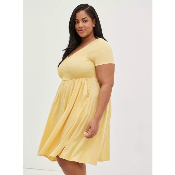 Torrid Mini Challis Smocked Skater Dress in Butter Yellow - Picture 2 of 13